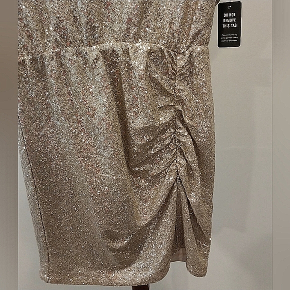 NWT Express Champagne Short Sleeve Sequined Ruched Mini Dress Size Small - Picture 4 of 16